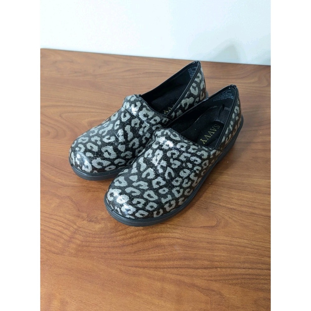 Savvy Nursing Shoes‎ Black & Gray Sparkly Slip On Clogs Slip Resistant 8